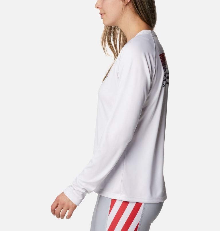 Women's Columbia PFG Tidal Tee Fish Flag Long Sleeve Sweatshirts White | CA-CCL01