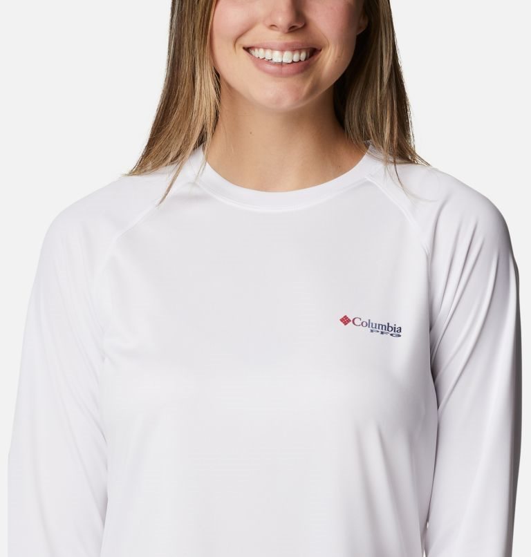 Women's Columbia PFG Tidal Tee Fish Flag Long Sleeve Sweatshirts White | CA-CCL01