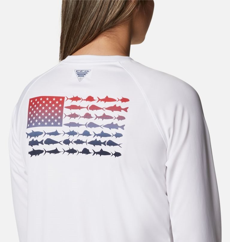 Women's Columbia PFG Tidal Tee Fish Flag Long Sleeve Sweatshirts White | CA-CCL01