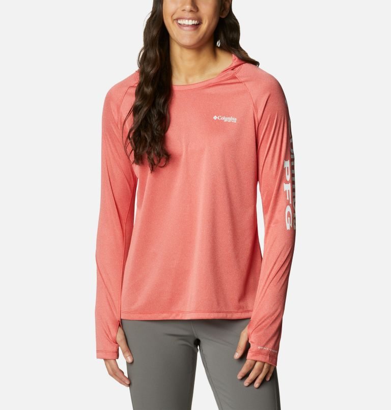 Women\'s Columbia PFG Tidal Tee Heather Hoodie Coral | CA-AA615