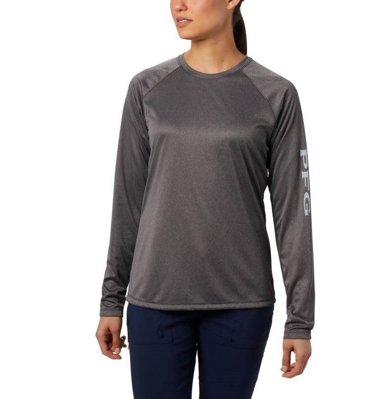 Women\'s Columbia PFG Tidal Tee Heather Long Sleeve Sweatshirts Dark Grey | CA-V4851