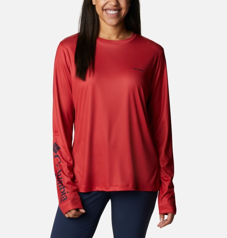 Women\'s Columbia PFG Tidal Tee Hook-Up Long Sleeve Sweatshirts Red | CA-S468A