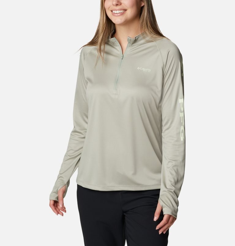 Women\'s Columbia PFG Tidal Tee Quarter Zip Long Sleeve Sweatshirts Olive | CA-E6LA4