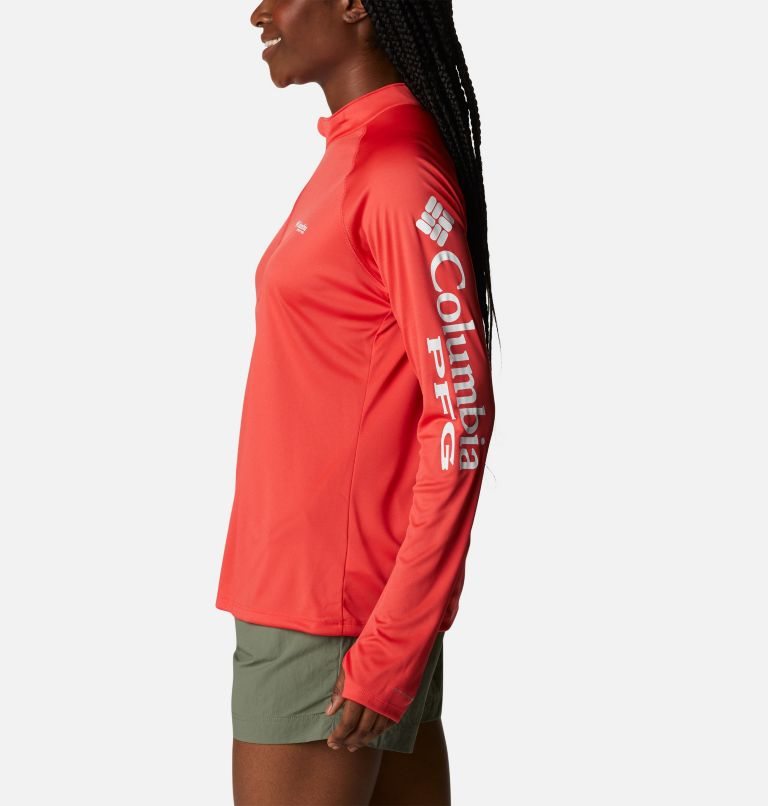 Women's Columbia PFG Tidal Tee Quarter Zip Long Sleeve Sweatshirts Red | CA-UL85A