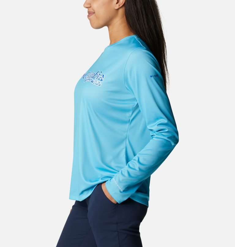 Women's Columbia PFG Tidal Tee Stacked Logo Long Sleeve Sweatshirts Turquoise | CA-J5CA6