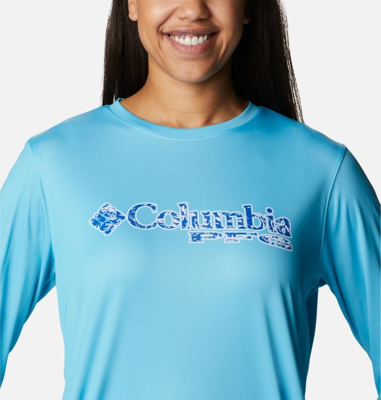 Women's Columbia PFG Tidal Tee Stacked Logo Long Sleeve Sweatshirts Turquoise | CA-J5CA6