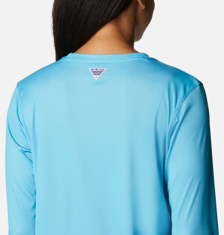 Women's Columbia PFG Tidal Tee Stacked Logo Long Sleeve Sweatshirts Turquoise | CA-J5CA6