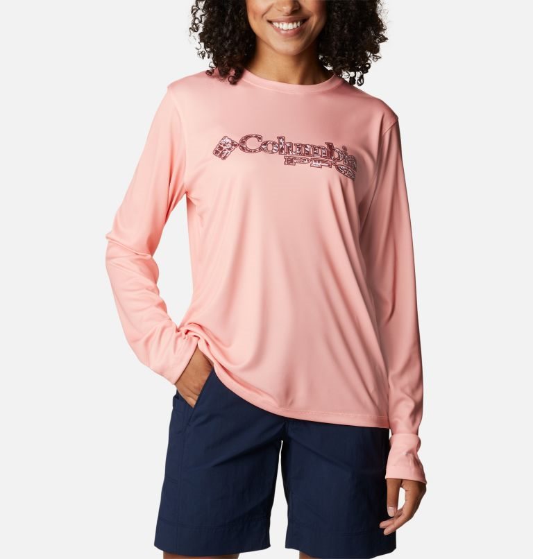 Women\'s Columbia PFG Tidal Tee Stacked Logo Long Sleeve Sweatshirts Pink | CA-M3140