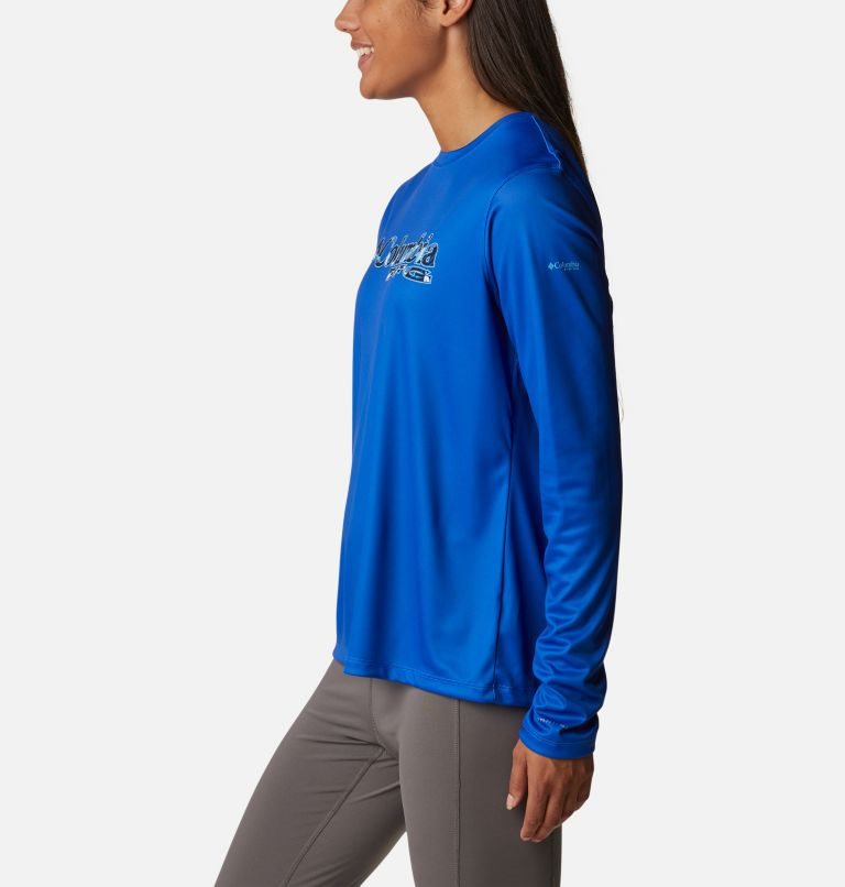 Women's Columbia PFG Tidal Tee Stacked Logo Long Sleeve Sweatshirts Blue | CA-P6L04