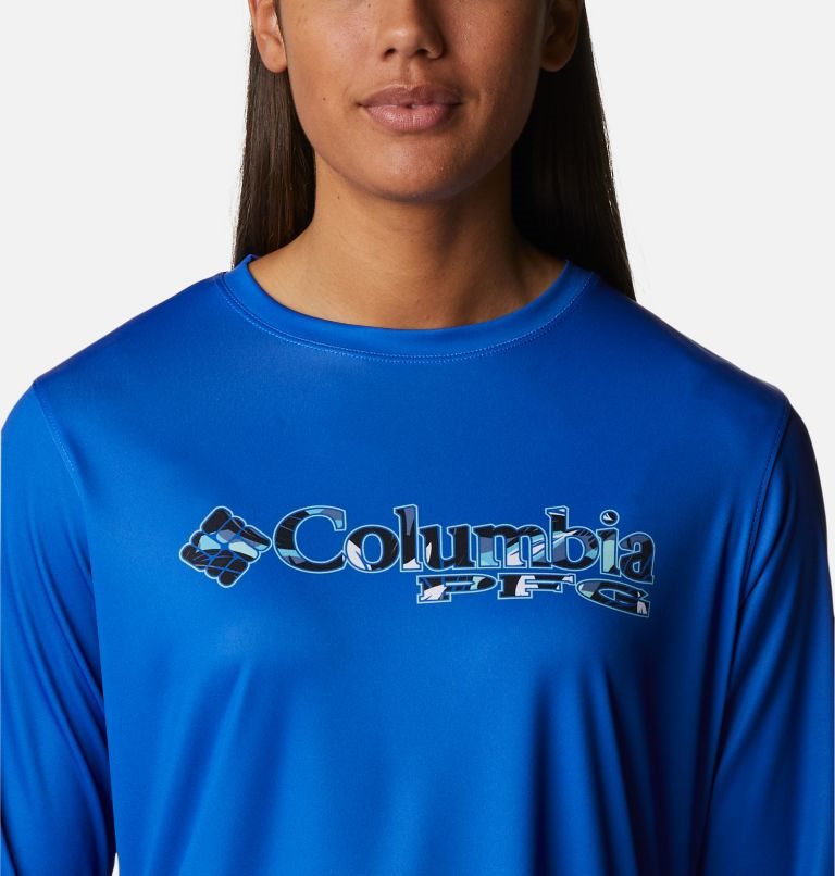 Women's Columbia PFG Tidal Tee Stacked Logo Long Sleeve Sweatshirts Blue | CA-P6L04