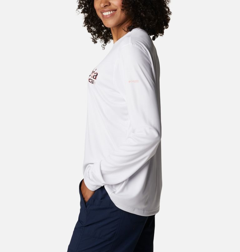 Women's Columbia PFG Tidal Tee Stacked Logo Long Sleeve Sweatshirts White | CA-XA804