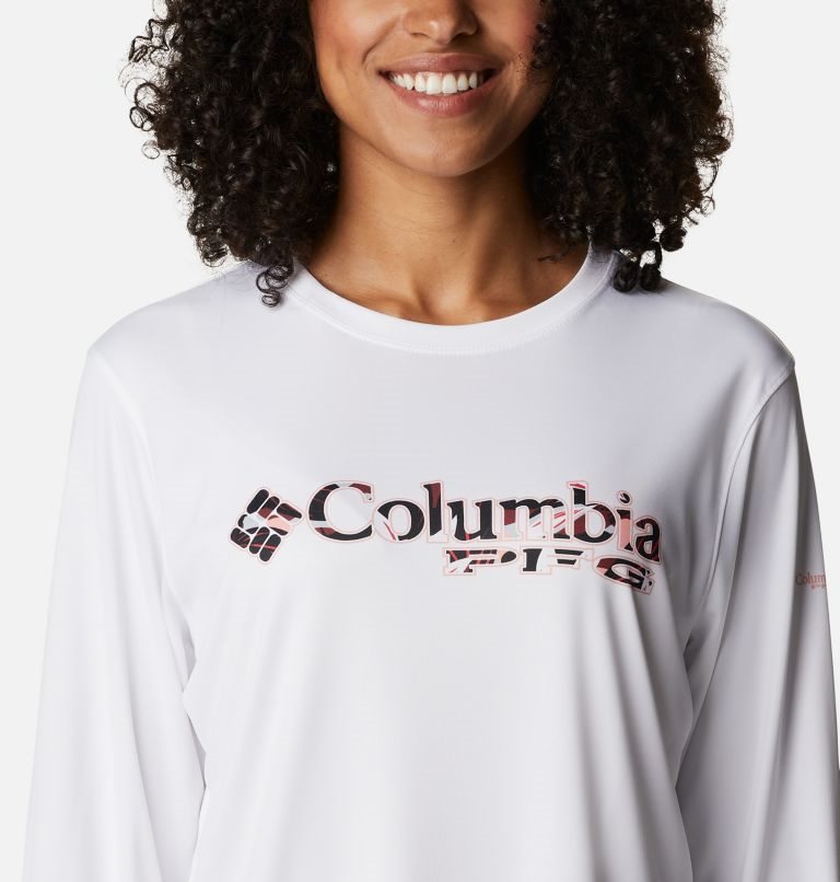 Women's Columbia PFG Tidal Tee Stacked Logo Long Sleeve Sweatshirts White | CA-XA804