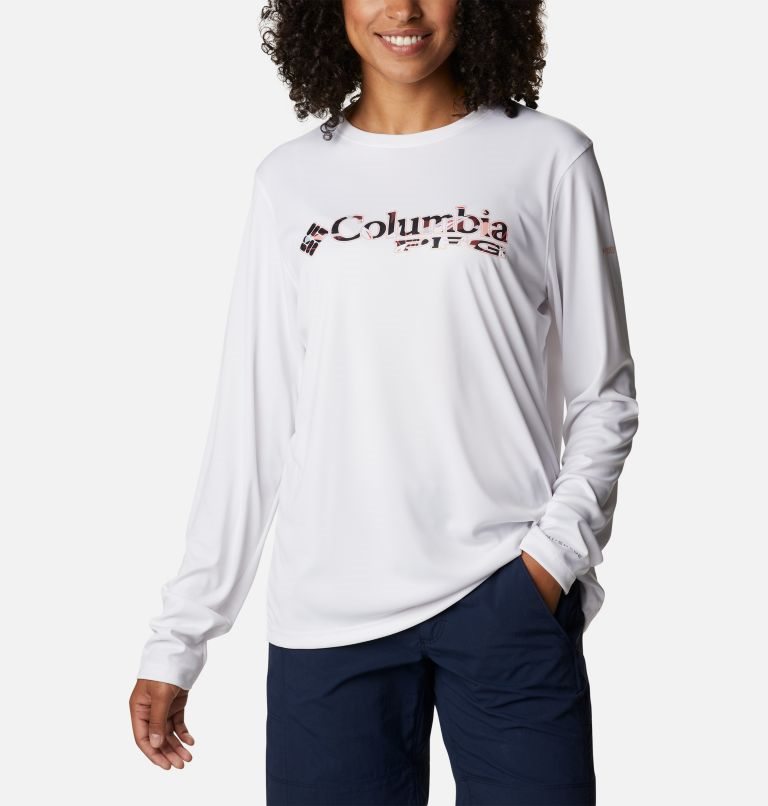 Women\'s Columbia PFG Tidal Tee Stacked Logo Long Sleeve Sweatshirts White | CA-XA804