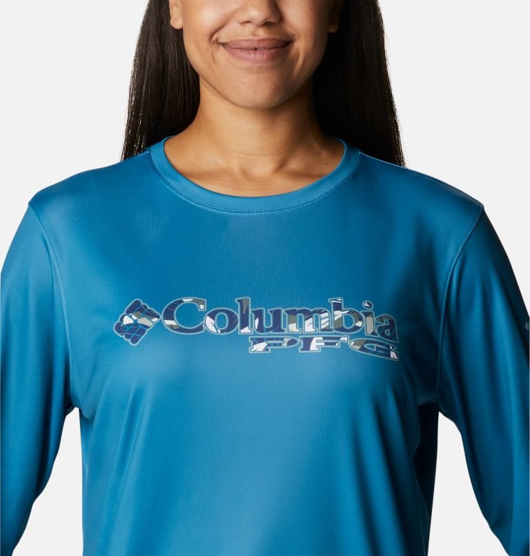 Women's Columbia PFG Tidal Tee Stacked Logo Long Sleeve Sweatshirts Turquoise | CA-Y0AL5