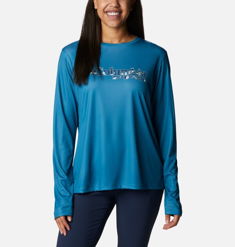 Women\'s Columbia PFG Tidal Tee Stacked Logo Long Sleeve Sweatshirts Turquoise | CA-Y0AL5