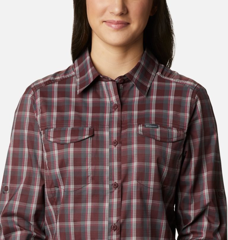 Women's Columbia Silver Ridge Lite Plaid Long Sleeve Shirts Burgundy | CA-DA860